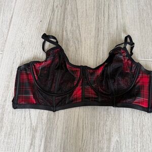 Red Plaid Longline Underwire Bra with Black Lace